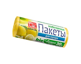 Мешки для мусора 30 л, ароматизированные, Лимон, желтые, в рулоне 20 шт., ПНД, 9 мкм, 560х530 мм, GRIFON Aroma, 101-020 Li в Саранске